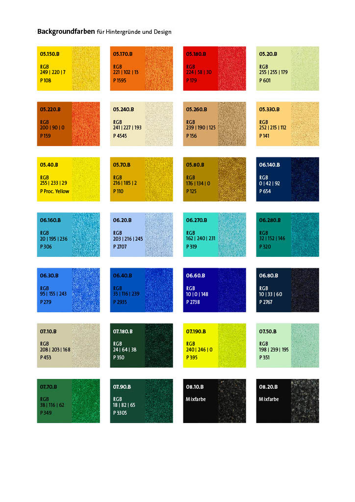 Weitere Farbmuster mit Farbcodes sind in einem farbigen Raster dargestellt. 
