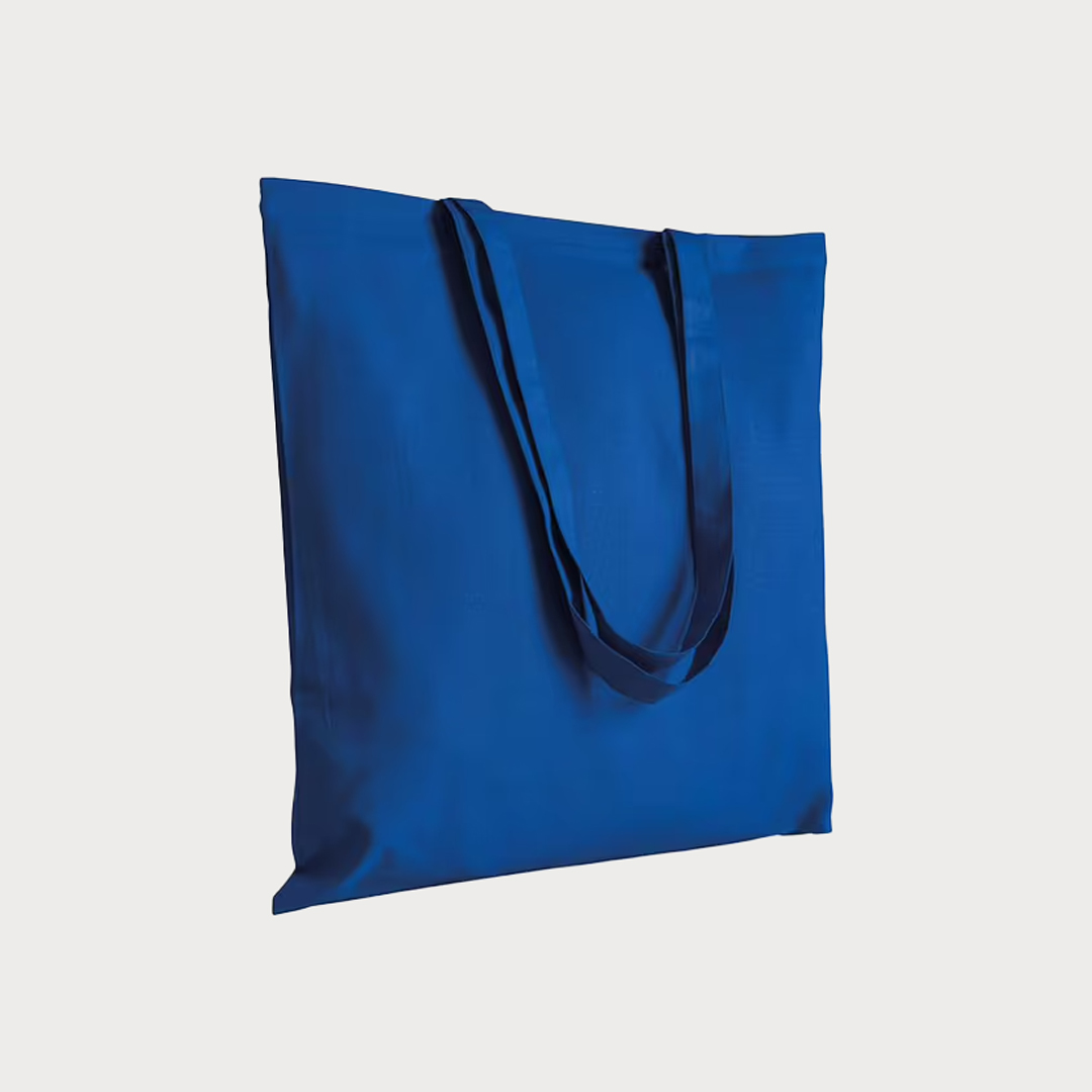 Eine königsblaue, unbedruckte Baumwolltasche mit zwei Henkeln.