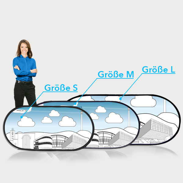 Drei Pop Up Banner in verschiedenen Größen (S, M und L) mit einer Frau dahinter.