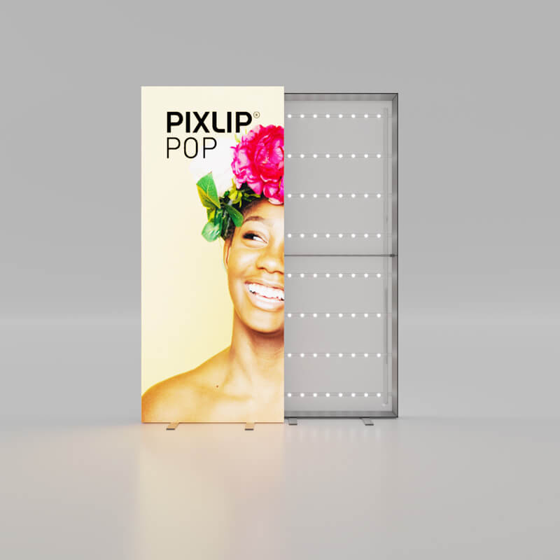 Pixlip Pop mit farbig bedruckter Bespannun, und sichtbar LED-Display 