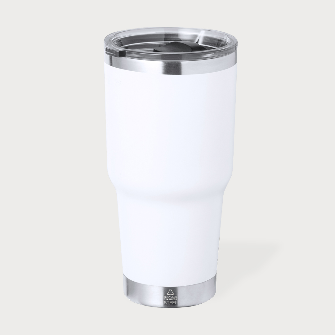 Ein weißer Thermobecher aus Edelstahl mit transparentem Deckel und silberfarbenem Boden.