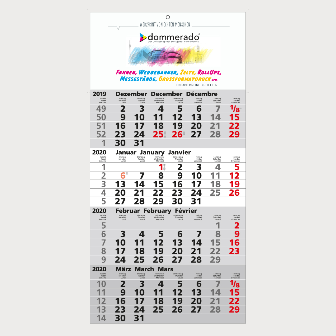 Ein bedruckter Wandkalender mit Werbedruck im oberen Bereich, dessen Kalenderdaten in Schwarz/Rot hervorgehoben sind.